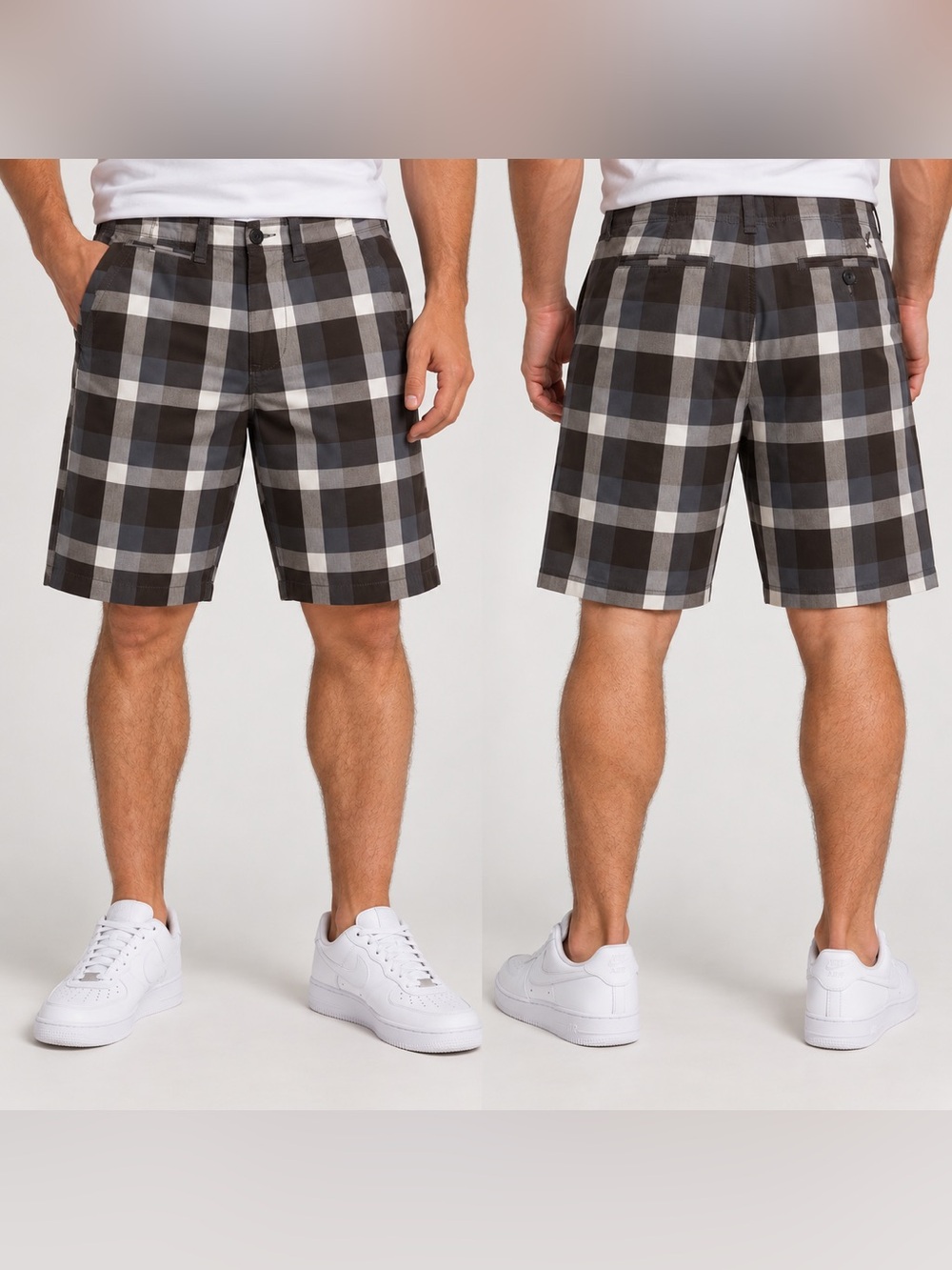 American Eagle Outfitters Men's Black and Gray Plaid Flat Front Shorts W32x11